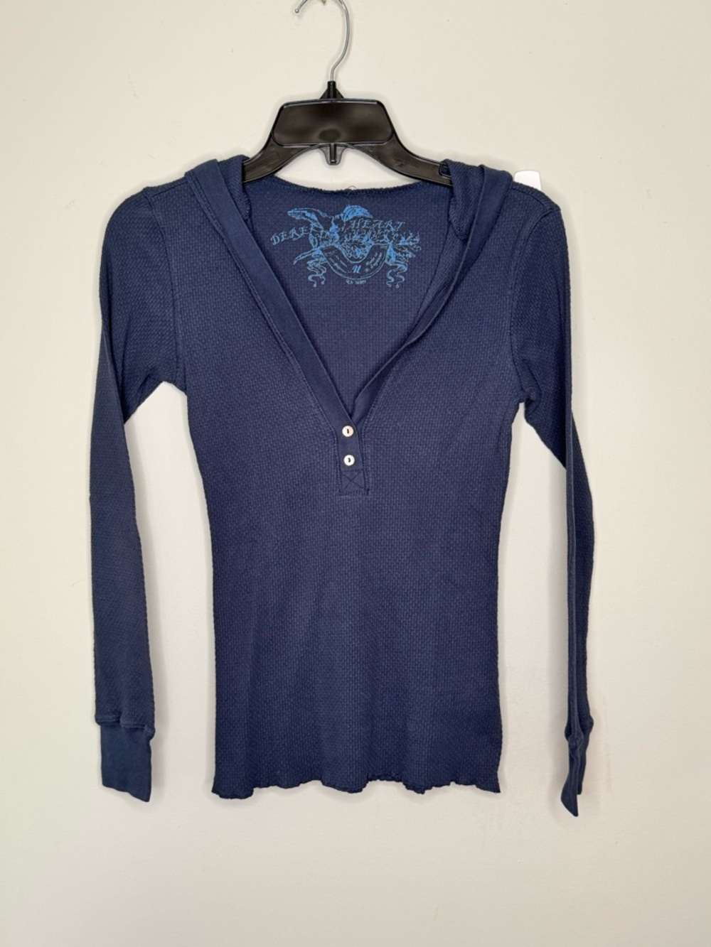 Y2K Vintage Derek Heart Blue V Neck Hooded Thermal Henley Long Sleeve Shirt - M